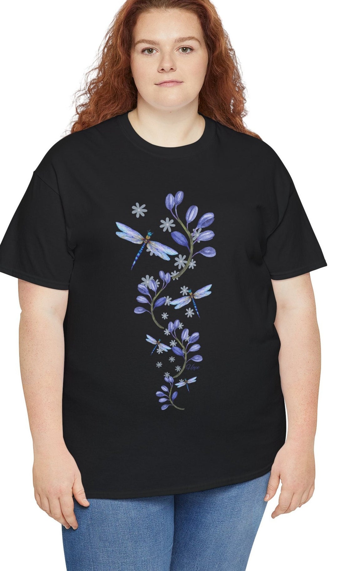 Figure Flattering Dragonfly & Flowers Tshirt Designed to Make You Look