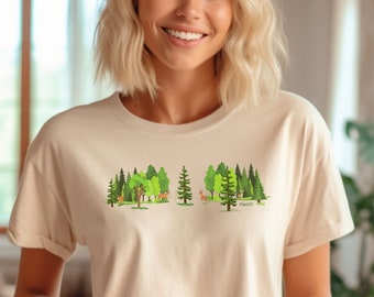 Natural Forest T-Shirt | Nature Lovers Tee | Camping Hiking Shirt | Fishing | Botanical Print| Deers and nature lovers