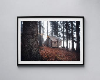 Forest Cabin Photography Print: Moody Landscape Wall Art (Digital Download)