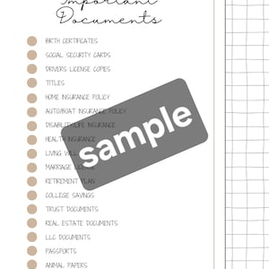May include: A printable checklist of important documents to keep organised. The list includes birth certificates, social security cards, driving licences, titles, insurance policies, and more.