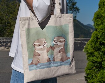 Adorable Otter Print Canvas Tote Bag - Eco-Friendly Shopper Market shopper with otter print