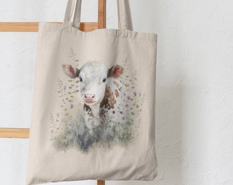 Cow lover gift,Cottagecore tote bag,rustic tote,cow print bag,baby cow,Farm grocery bag,farmer's gift,fashion,picnic,farmstyle shopper