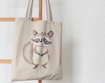 La bolsa de asas del algodón de la lona con el bolso de compras respetuoso del medio ambiente reutilizable de la bolsa de asas del diseño lindo del mapache