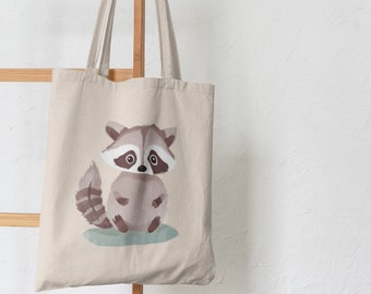 Bolso tote de lona de algodón de mapache bebé gordito, estampado de comprador de acuarela, bolso reutilizable, lindo diseño cottagecore, bolso de picnic artístico