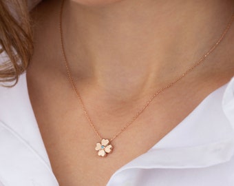 Solid Gold Four Leaf Clover Necklace • Dainty Flower Necklace • 14K Yellow Gold Clover Pendant • 14K Gold Flower Jewelry • Mother's Day Gift