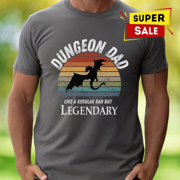 DnD Dungeon Dad Shirt Dragon TTRPG D&D Fathers Day Bday Xmas Gift Dungeons and Dragons Clothing for Him Retro Sunset