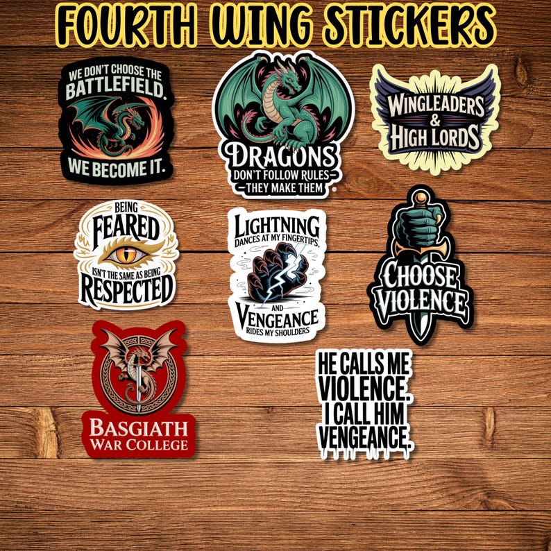 Fourth Wing Inspired Stickers, Water Resistant Vinyl, Set of 8