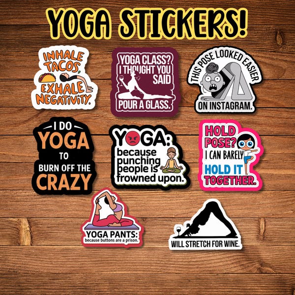 Funny Yoga Stickers, Water Resistant Vinyl, Set of 8