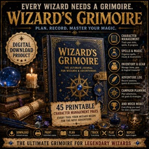Puede incluir: Un diario azul oscuro titulado Wizard's Grimoire con diseños dorados de estrellas y brújulas. La portada presenta una gema azul central, un sello de cera colgante y texto que detalla 45 páginas imprimibles de gestión de personajes.