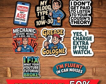 Funny Mechanic Stickers Set of Toolbox Decals for Car Lovers, Auto Repair Humor, Durable Vinyl Laptop & Water Bottle Stickers