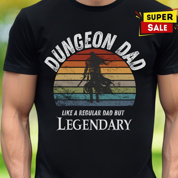 DnD Dungeon Dad Shirt Fun TTRPG D&D Fathers Day Bday Xmas Gift Dungeons and Dragons Clothing for Him Retro Sunset