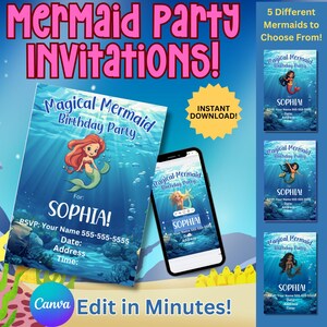 Invitation à une fête sirène téléchargeable, fête d'anniversaire sous la mer, thème sirène, 1er anniversaire, anniversaire de fille, petite sirène.   NERD001