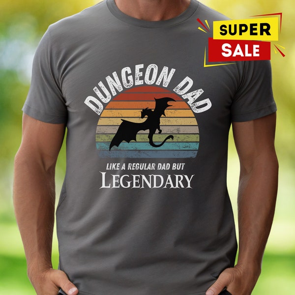 DnD Dungeon Dad Shirt Dragon TTRPG D&D Fathers Day Bday Xmas Gift Dungeons and Dragons Clothing for Him Retro Sunset