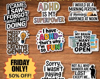 ADHD Sticker Pack - Funny Designs for Planners, Laptops & More! Durable, Waterproof Vinyl Stickers for Mental Health - Neurodiversity