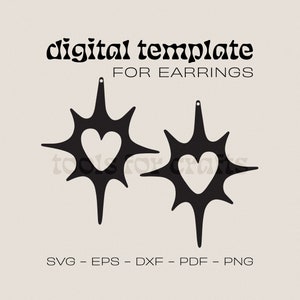 Könnte beinhalten: Digitale Vorlage für Ohrringe mit einem Sternburst-Design und einem Herz-Ausschnitt. Die Dateiformate SVG, EPS, DXF, PDF und PNG sind enthalten.