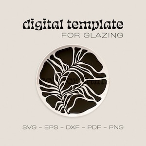 May include: Black and white digital template for glazing a ceramic plate. The design features a stylized leaf with a wavy pattern.  SVG - EPS - DXF - PDF - PNG