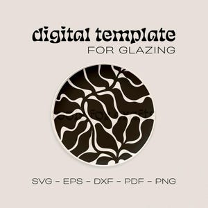 May include: Digital template for glazing featuring a black and white abstract design. The design is circular and features a pattern of organic shapes. The text "digital template for glazing" is written in black at the top of the image. The text "SVG - EPS - DXF - PDF - PNG" is written in black at the bottom of the image.