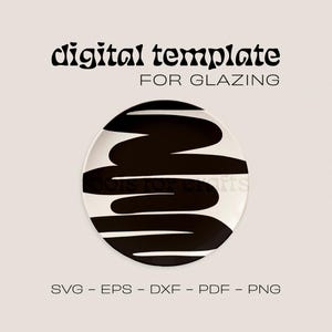May include: A digital template for glazing a ceramic plate. The template features a black and white design of abstract shapes.