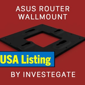 May include: Black ASUS router wall mount with a square design and a central opening. The text "ASUS ROUTER WALLMOUNT" is at the top, and "USA Listing" is in a blue box. The background is red.