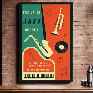 Cool Jazz Festival Poster, Paris Music Festival, Paris Jazz Print, Vintage Music Print, Retro Colors Jazz, Music Wall Art, Trumpet Piano
