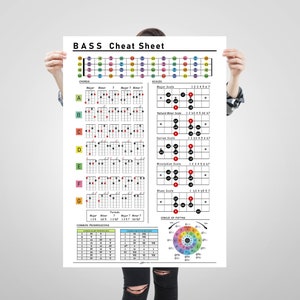 Può includere: Un poster di cheat sheet per basso bianco e nero con un cerchio di quinte, progressioni di accordi comuni e diagrammi per accordi maggiori, minori e settime. Il poster include anche diagrammi per scale maggiori, minori naturali, doriche, misolidie e blues.