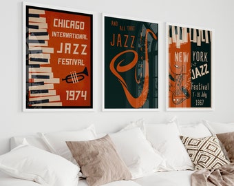 Lot de 3 affiches festival de jazz, lot d'affiches jazz, impressions musique vintage, art mural musique jazz couleurs rétro, affiches trompette saxophone basse