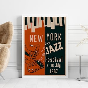 Impresión del festival de jazz vintage, cartel de jazz de Nueva York, festival de jazz imprimible, arte de pared del festival de música retro, saxofón y piano, decoración del hogar musical