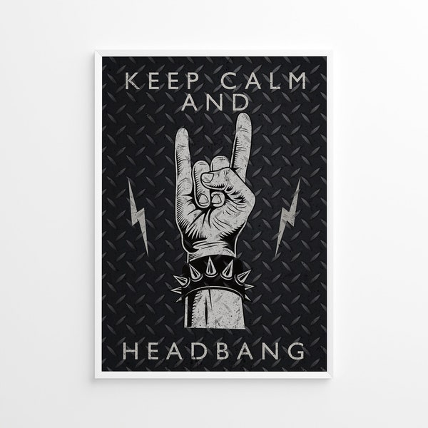 Heavy Metal Poster, Sign of the Horns Print, Keep Calm and Headbang, Metal Textured Design, Motivational Quote, Metalhead Dorm Room Decor