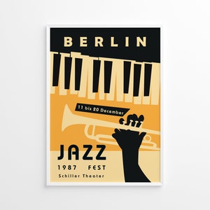 Vintage Jazz Print, Berlin Jazz Festival Poster, Vintage Colors Music Print 1987, Retro Colors Jazz Music Wall Art,  Trumpet Piano Printable