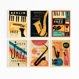 Parete della galleria del festival jazz, set di poster jazz da 6, stampe musicali vintage, arte da parete di musica jazz in colori retrò, pacchetto di poster di strumenti jazz