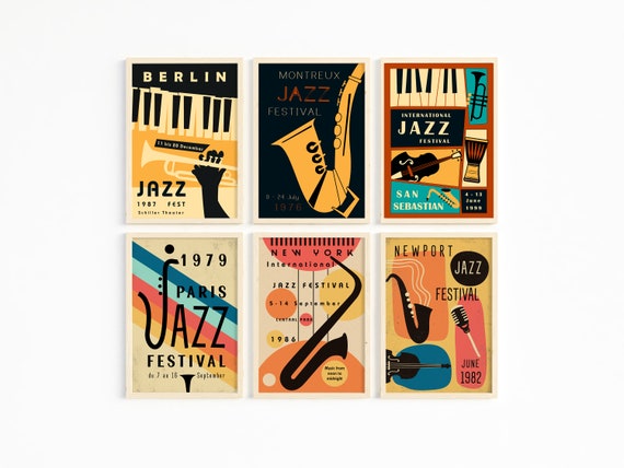 Jazz Festival Gallery Wall, Jazz Posters Set of 6, Vintage Music Prints, Retro Colors Jazz Music Wall Art, Jazz Instruments Posters Bundle