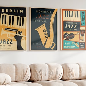 Conjunto de impresiones de jazz de 3, paquete de carteles del festival de jazz, impresiones de música vintage, arte de pared de música de jazz de colores retro, carteles de saxofón de piano de trompeta