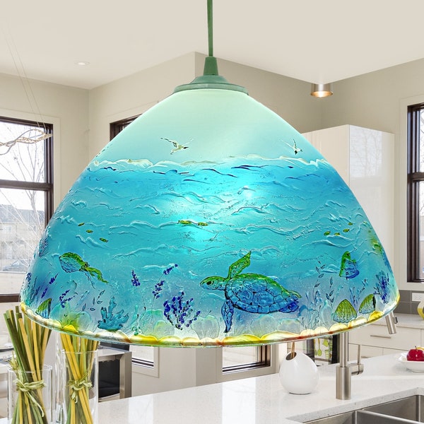 Pendant light Tropical style fixture stained glass hand painted Beach House Decor Coastal Lighting