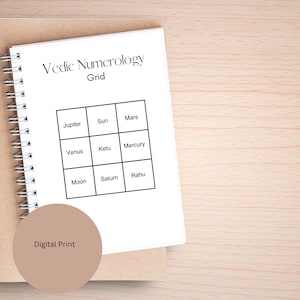 May include: A white notebook with a black grid and the text "Vedic Numerology Grid". The grid is divided into nine squares, each containing the name of a planet or celestial body: Jupiter, Sun, Mars, Venus, Ketu, Mercury, Moon, Saturn, and Rahu. The notebook is lying on a brown surface.