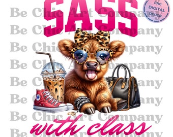 Sass com classe PNG, vaca fofa das montanhas saindo da língua png, vaca engraçada das terras altas png, design de sublimação, png engraçado, vaca com arco de leopardo png