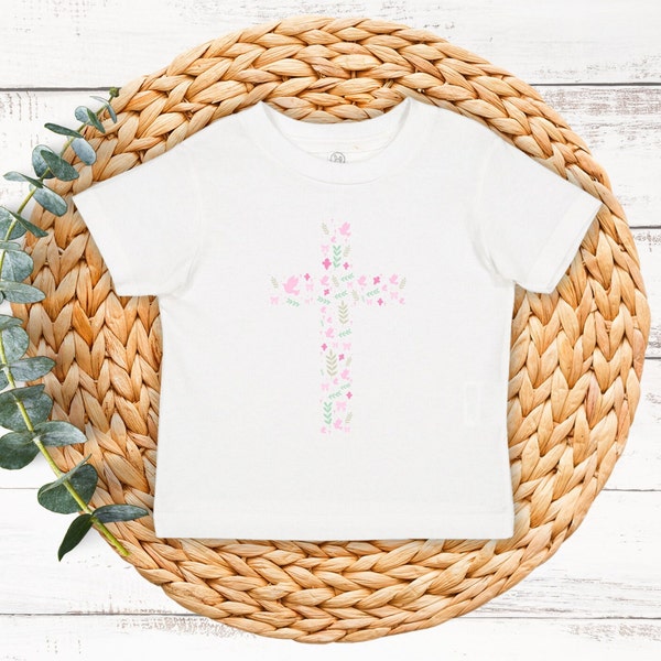 Adorable Coquette Christian Bow Floral Cross Infant Tee Shirt | Cute Flower Bunny Baby T-Shirt