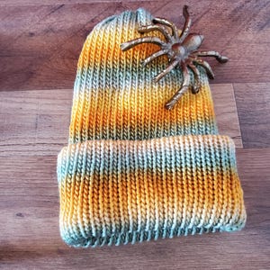 May include: A knitted beanie hat with a striped pattern in shades of yellow, green, and white. A gold-colored spider brooch is attached to the top of the hat.