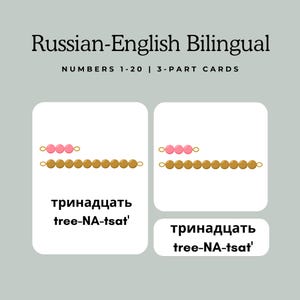 May include: Two cards with a visual representation of the number thirteen. The top card shows thirteen gold beads with three pink beads on top. The bottom card shows the same beads but with the pink beads on the left side. The text on both cards reads "тринадцать" and "tree-NA-tsat'".