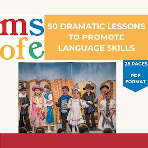 May include: A group of children dressed in colorful costumes perform on a stage. The stage has a backdrop of a blue sky with white clouds. The children are smiling and looking at the audience. The title of the product is "50 Dramatic Lessons to Promote Language Skills" and the text "28 Pages PDF Format" is also visible.