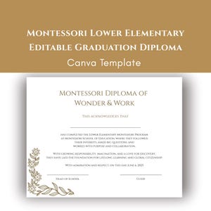 Montessori Lower Elementary Graduation Diploma: Editable Canva Template