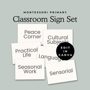 Könnte beinhalten: Ein Montessori-Grundschul-Schilderset mit Etiketten für verschiedene Lernbereiche. Die Etiketten umfassen "Peace Corner", "Cultural Subjects", "Practical Life", "Language", "Seasonal Work" und "Sensorial".