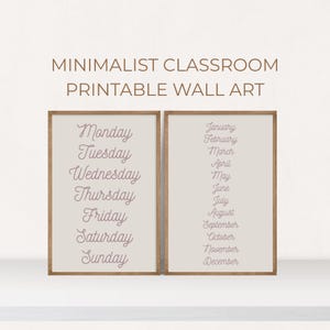 May include: Two printable wall art prints with a minimalist design. The left print features the days of the week in a cursive font, while the right print features the months of the year in a cursive font. Both prints are in a light pink color.