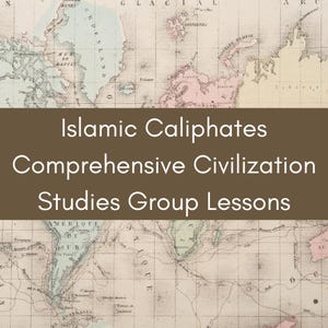Può includere: Una mappa vintage con una barra del titolo marrone che recita "Islamic Caliphates Comprehensive Civilization Studies Group Lessons". La mappa è in bianco e nero con alcune aree colorate in rosa e blu. La mappa mostra i continenti Europa, Asia, Africa e Nord e Sud America.