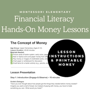 Puede incluir: Un plan de lección imprimible verde y negro para enseñar alfabetización financiera a los estudiantes de primaria superior. El plan de lección se titula "El concepto del dinero" e incluye una lista de los materiales necesarios para la lección, como tarjetas con imágenes de sistemas de trueque, monedas antiguas y dinero en papel. El plan de lección también incluye una guía paso a paso para enseñar la lección.