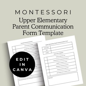 以下が含まれることがあります： モンテッソーリ小学校高学年の保護者向けコミュニケーションのための白黒印刷可能なフォームテンプレートです。このフォームには、社会・感情的な意識、観察のハイライト、一般的な観察エリアのセクションが含まれています。フォームの中央には「EDIT IN CANVA」というテキストが表示されています。