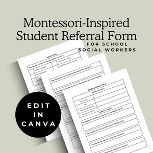 Op de afbeelding: Zwart-witte, printbare Montessori-geïnspireerde studentendoorverwijzingsformulier voor schoolmaatschappelijk werkers. Het formulier bevat secties voor studenteninformatie, doorverwijzingsdoel en gedragswaarnemingen.