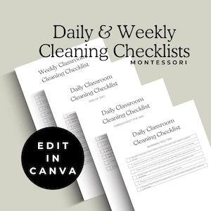 以下が含まれることがあります： 教室の毎日と毎週の清掃のための印刷可能なチェックリスト3つ。チェックリストのタイトルは、「毎日の教室清掃チェックリスト - 1日の終わり」、「毎日の教室清掃チェックリスト - 終日」、「毎日の教室清掃チェックリスト - 朝のルーティン」です。チェックリストはCanvaで編集できるように設計されています。