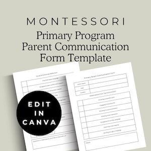 Może przedstawiać: Czarno-biała, drukowalna szablona formularza komunikacji rodzicielskiej dla programu Montessori wczesnoszkolnego. Formularz zawiera sekcje poświęcone refleksji społecznej i emocjonalnej oraz obserwacjom ze środowiska. Tekst "EDIT IN CANVA" znajduje się w czarnym kółku.