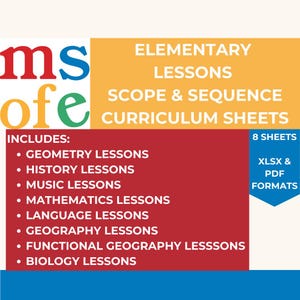 Puede incluir: Gráfico rojo, amarillo y azul con el texto "msofe" en letras grandes. El texto "ELEMENTARY LESSONS SCOPE & SEQUENCE CURRICULUM SHEETS" está en amarillo. El texto "INCLUDES:" está en blanco. Una lista de materias está en texto blanco sobre fondo rojo. El texto "8 SHEETS XLSX & PDF FORMATS" está en texto blanco sobre fondo azul.