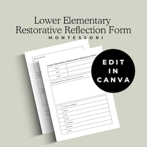 May include: Black and white printable form titled "Lower Elementary Restorative Reflection Form" with the text "EDIT IN CANVA" in a circle. The form includes sections for name, date, guide, who was affected, what happened, and how the person was feeling.